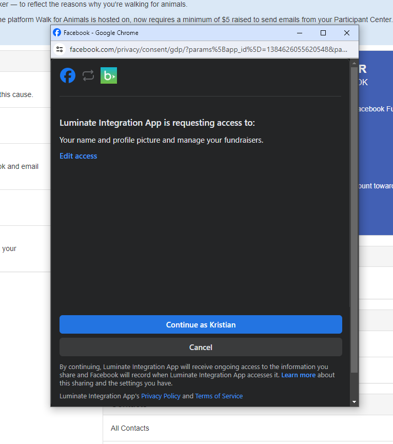 Facebook fundraiser permission.